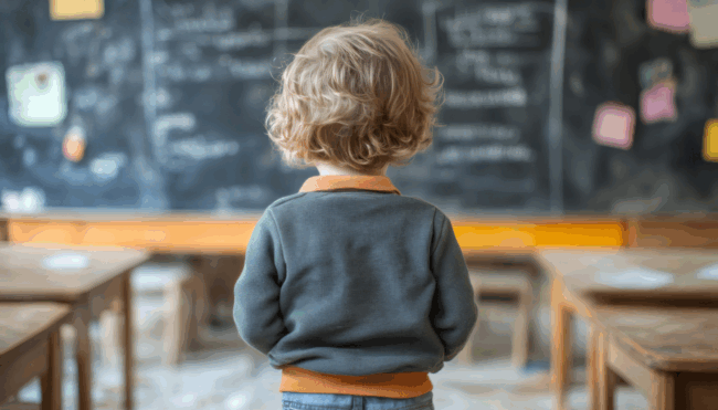 boy child facing a chalk board